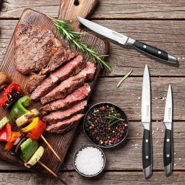 3-Piece Kitchen Knife Setfruit Knife Setprecision Forged High-Carbon Stainless Steel Black Ergonomic Handle 3.5" & 5" Straight & Serrated Edge