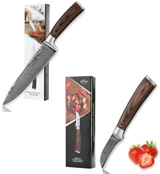 Wakoli Chef Knife 8-Inch & Peeling Knife 2.7-Inch Blade Damascus Knive Made From 67 Layers Damascus Steel With Vg10 Core Sharp Filleting Knofe With Pakkawood Handle Kitchen Knife In Box