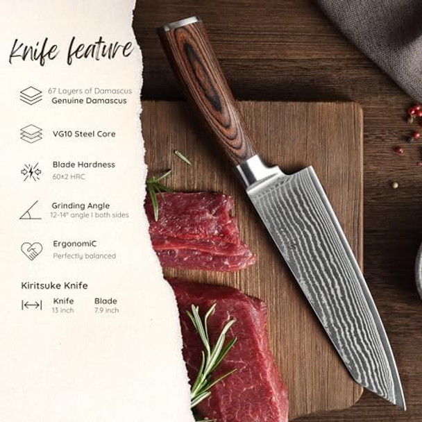 Wakoli Chef Knife 8-Inch & Kiritsuke Knife 8-Inch Blade Damascus Knive Made From 67 Layers Damascus Steel With Vg10 Core Sharp Filleting Knofe With Pakkawood Handle Kitchen Knife In Box