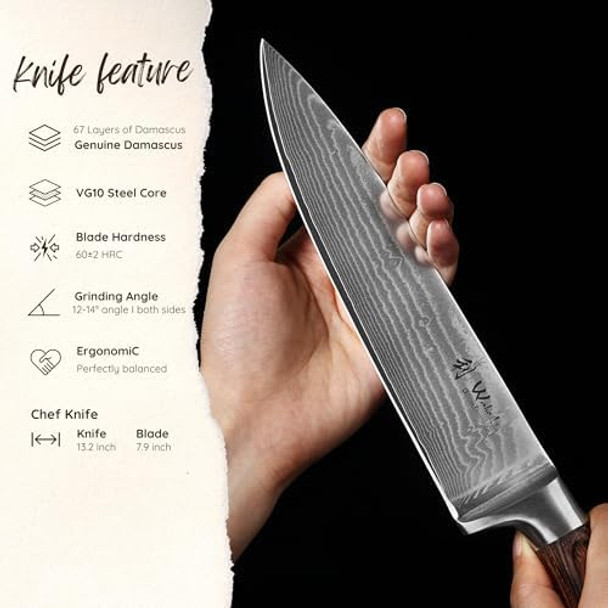 Wakoli Chef Knife 8-Inch & Kiritsuke Knife 8-Inch Blade Damascus Knive Made From 67 Layers Damascus Steel With Vg10 Core Sharp Filleting Knofe With Pakkawood Handle Kitchen Knife In Box