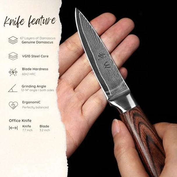 Wakoli Chef Knife 8-Inch & Office Knife 3.2-Inch Blade Damascus Knive Made From 67 Layers Damascus Steel With Vg10 Core Sharp Filleting Knofe With Pakkawood Handle Kitchen Knife In Box