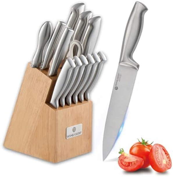 Wanbasion 14Pcs Kitchen Knife Block Set With Sharpener Sharp Kitchen Knives Set With Block Stainless Steel Knife Set With Block Dishwasher Safe Silver
