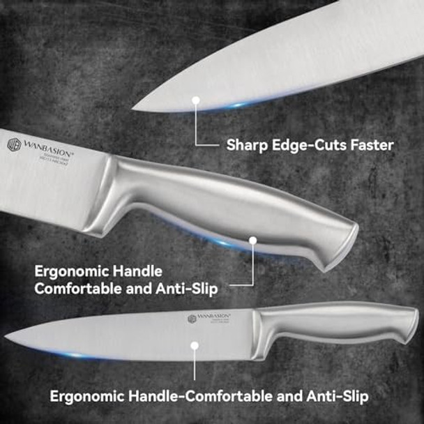 Wanbasion 14Pcs Kitchen Knife Block Set With Sharpener Sharp Kitchen Knives Set With Block Stainless Steel Knife Set With Block Dishwasher Safe Silver