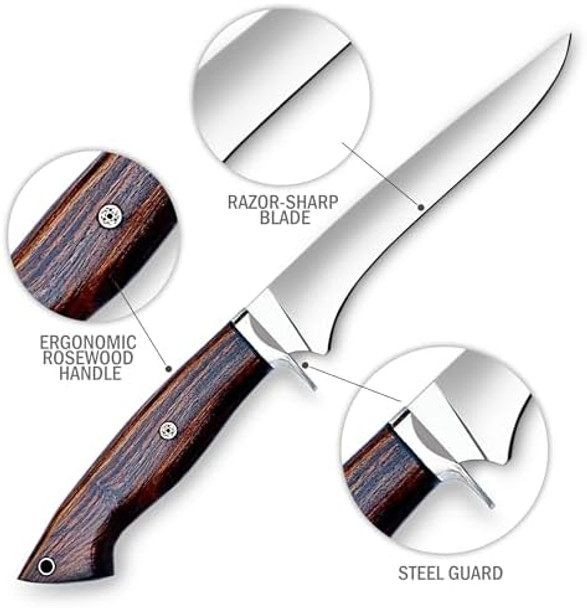 Warivo 12.5-Inch Boning Knife With Sheath High Carbon Steel Sharp Fillet Knife For Fish Ergonomic Rosewood Handle Deboning Knife For Meat Cutting Trimming Filleting Kitchen And Outdoor