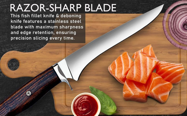Warivo 12.5-Inch Boning Knife With Sheath High Carbon Steel Sharp Fillet Knife For Fish Ergonomic Rosewood Handle Deboning Knife For Meat Cutting Trimming Filleting Kitchen And Outdoor