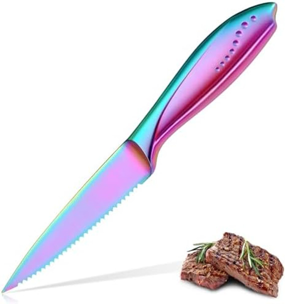 Wellstar Utility Knife 4 Inch Serrated Paring Knife With Super Sharp Rainbow High Carbon Stainless Steel Blade For Fruit Vegetable Cutting Peeling Slicing