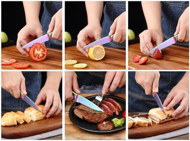 Wellstar Utility Knife 4 Inch Serrated Paring Knife With Super Sharp Rainbow High Carbon Stainless Steel Blade For Fruit Vegetable Cutting Peeling Slicing