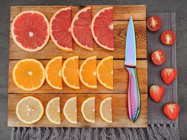 Wellstar Utility Knife 4 Inch Serrated Paring Knife With Super Sharp Rainbow High Carbon Stainless Steel Blade For Fruit Vegetable Cutting Peeling Slicing