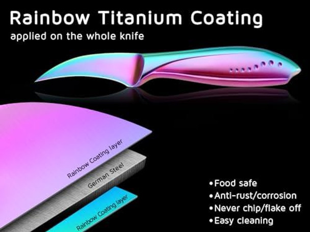 Wellstar Birds Beak Paring Knife 2.5 Inch Peeling Knives With Rainbow Titanium Coated High Carbon Stainless Steel Curved Blade For Fruit And Vegetable Garnishing Cutting