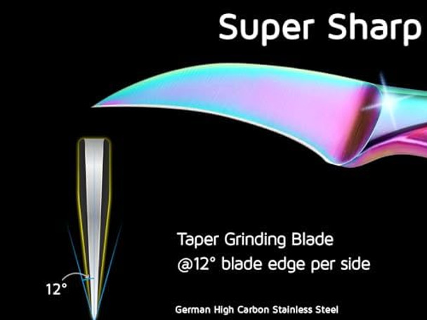 Wellstar Birds Beak Paring Knife 2.5 Inch Peeling Knives With Rainbow Titanium Coated High Carbon Stainless Steel Curved Blade For Fruit And Vegetable Garnishing Cutting