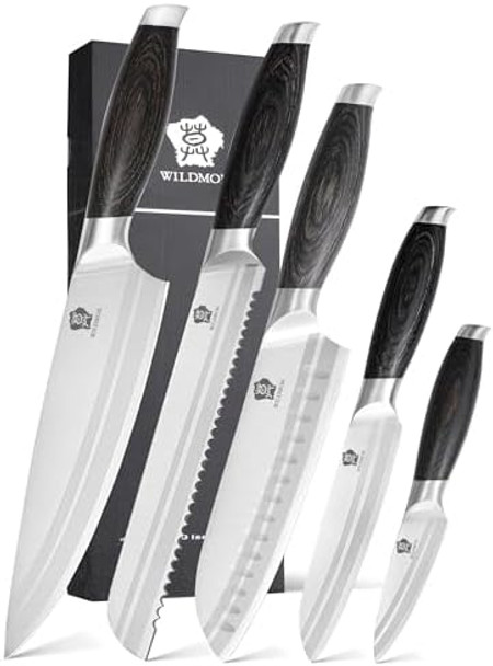 Wildmok Professional Knife Set 5 Pieces Kitchen Knife Set German Stainless Steel Chef Knife Set With Box Black Pakkawood Handle