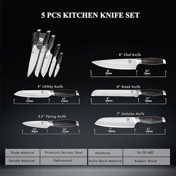 Wildmok Professional Knife Set 5 Pieces Kitchen Knife Set German Stainless Steel Chef Knife Set With Box Black Pakkawood Handle