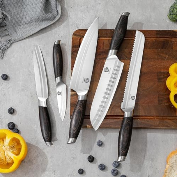 Wildmok Professional Knife Set 5 Pieces Kitchen Knife Set German Stainless Steel Chef Knife Set With Box Black Pakkawood Handle