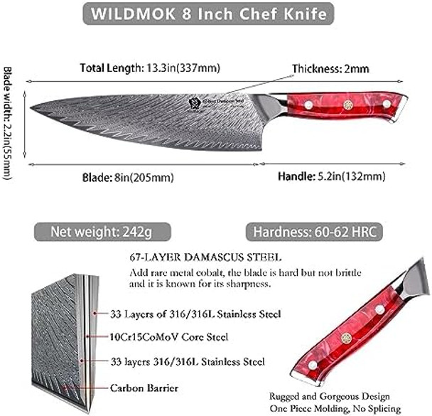 Wildmok Chef Knife And Kitchen Utility Knife Chef Knife8 Inch Damascus Japanese Chef Knife Kitchen Utility Knife 5 Inch