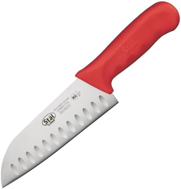 Winco Kwp-70R Stl Stamped Cutlery Santoku Knife 7" Stainless Steel Blade Hollow Granton Edge Red Plastic Handle