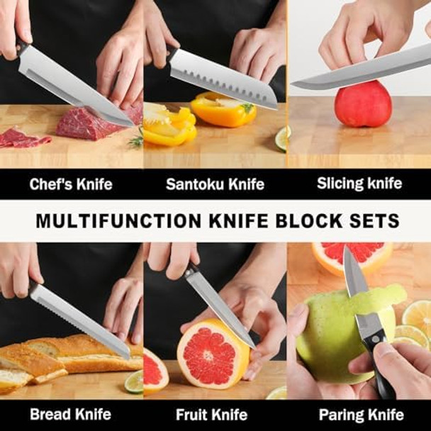 Kitchen Knife Block Set 19 Pieces Ultra Sharp Professional Chef Knife Set With Ergonomic Handle Non-Stick Stainless Steel Kitchen Knives For Home Restaurant Cooking s For Women Men (Brown)