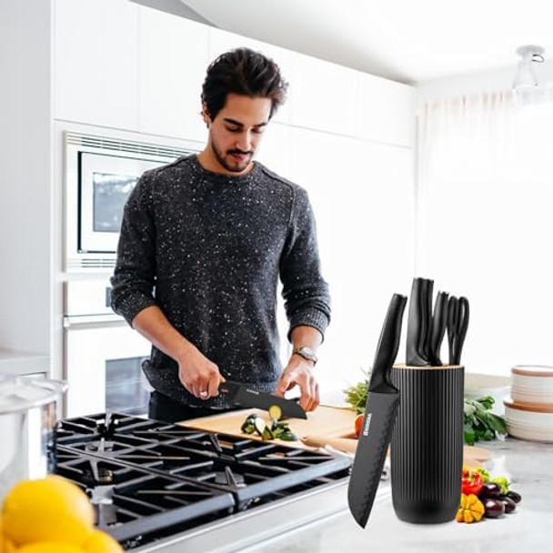 Kitchen Knife Set With Block 5-Piece Professional Knife Block Set Super Sharp Chef Knife Set With Universal Knife Holder Stainless Steel Kitchen Knives Set For Home Restaurant (Black)
