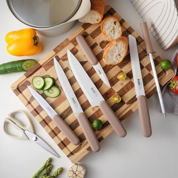 Kitchen Knife Set 8-Pieces Knife Set With Block And Sharpener Sharp Stainless Steel Chef Knife Block Set Knives Set For Kitchen Home Apartment Dormitory s For Mom Women (Black)