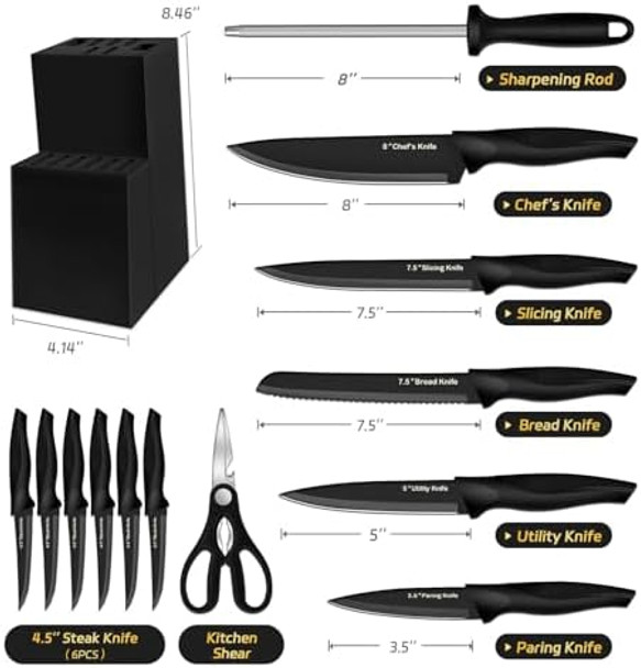 Xanapon Knife Set 14 Pieces Kitchen Knife Set High Carbon German Stainless Steel Dishwasher Safe Cutlery With Sharpener Black