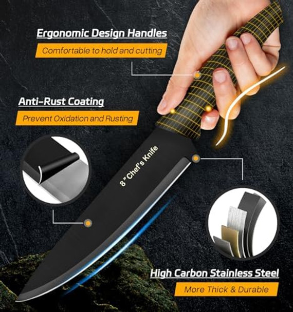 Xanapon Knife Set 14 Pieces Kitchen Knife Set High Carbon German Stainless Steel Dishwasher Safe Cutlery With Sharpener Black