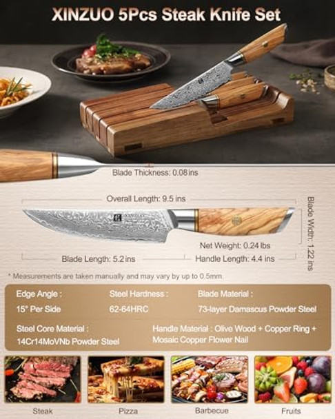 Xinzuo In-Drawer Acacia Wood Storage Block With Steak Knife Set Of 4Knife Drawer Organizer73-Layer Damascus Steel Kitchen Knife Set With Olive Wood Handle