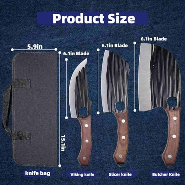 Butcher Knife Set With Bag，Serbian Chef Knife Full Tang High Carbon Steel Meat Cleaver For Meat Cutting Processinghand Forged Viking Carving Knife，Outdoor Bbq Camping Knife (3 Kitchen Knife)