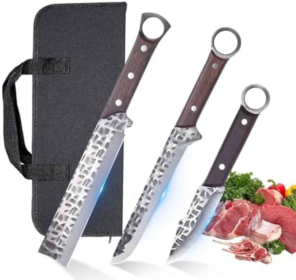 Butcher Chef Knife Set With Bag，Heavy Duty Bone Chopper High Carbon Steel Meat Cleaver For Meat Cutting Processinghand Forged Boning Carving Knives，Outdoor Bbq Camping Knife (5 Butcher Knife Set)