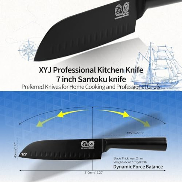 Xyj Kitchen Knife 7 Inch Full Black Japanese Santoku Knives Meat Cleaver For Meat Cutting Vegetable Slicer Cutting Chef Knife With Sheath Edge Guard Protector For Women Men