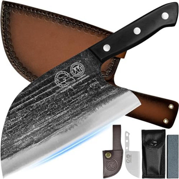 Xyj Serbian Chefs Knife With Wooden Box Storage Leather Sheath 8 Inch Full Tang Butcher Knife