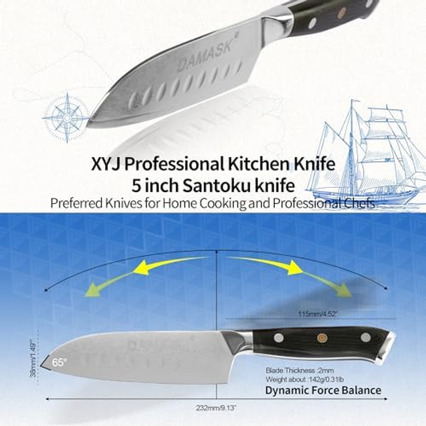 Xyj Damascus Knife5 Inch Japanese Santoku Knifeprofessional Damascus Kitchen Knife With Blade Guards Protectordamascus Vg10 Steel Japanese Chef Knivesmeat Vegetable Knives