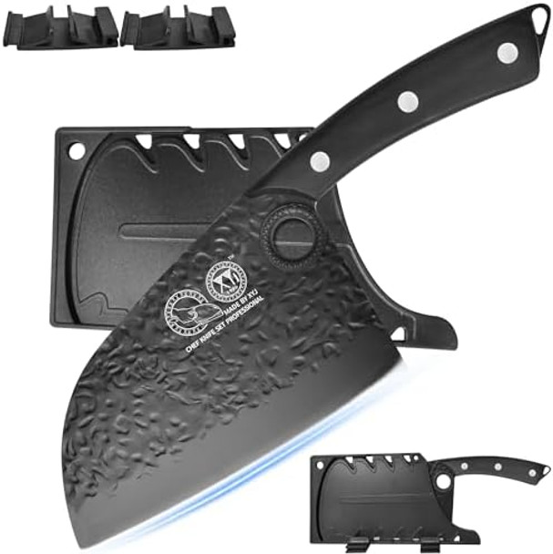 Xyj Hand Forged Serbian Meat Cleaver Chef Knife High Carbon Steel Butcher Knife Full Tang Kitchen Knives For Vegetable Meat Cutting 7 Inch Cooking Knife With Wood Handle Hammer Pattern