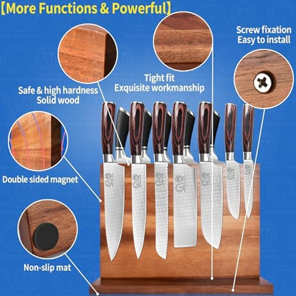 Xyj Knives Set With Magnetic Knife Block Acacia Wood Stainless Steel Professional Chef Knives Set Roll Bag Plastic Sheath
