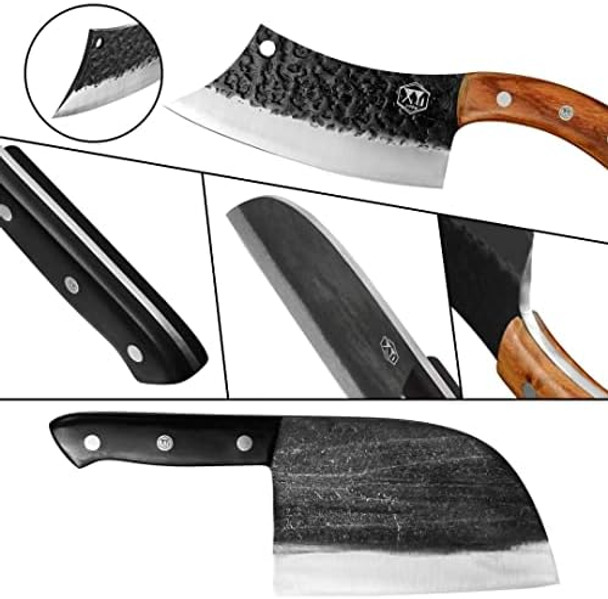 Xyj Full Tang Handmade Forged Serbian Chef Knife 6.7 Inch Butcher Knives 6.2 Inch Boning Knife For Camping Hunting With Leather Sleeves