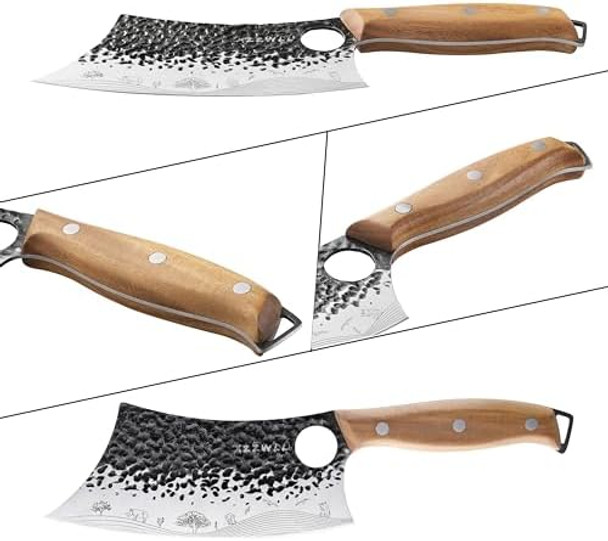 3Pcs Butcher Knife Set 7" Serbian Chef Knife & 7" Meat Cleaver & 6.5" Viking Knife Hand Forged With Wooden Handle Kitchen Knives For Cooking Camping Bbq Carve Pattern And Finger Hole Design