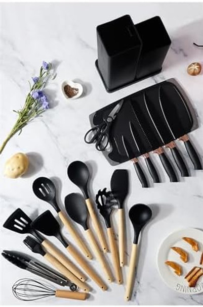 19 Pieces Kitchen Utensils And Knife Set With Block With 9 Piece Silicone Cooking Utensils Set 5 Piece Sharp Stainless Steel Chef Knife Scissors Whisk Tongs And Cutting Board (Dark Black)