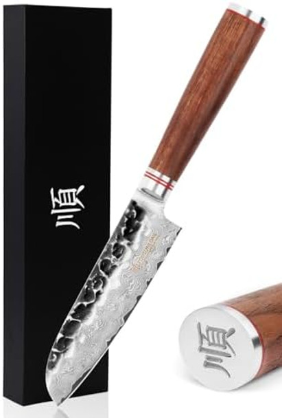 Yousunlong Santoku Knife Chef Knife 5 Inch Asian Knife Japanese Hammered Damascus Steel Ultra Sharp Blade Natural Walnut Wooden Handle