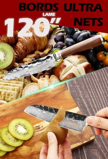 Yousunlong Santoku Knife Chef Knife 5 Inch Asian Knife Japanese Hammered Damascus Steel Ultra Sharp Blade Natural Walnut Wooden Handle