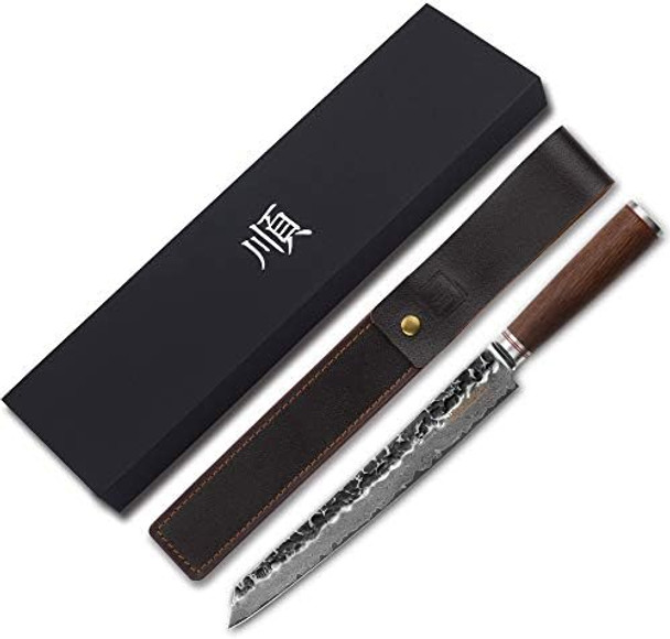 Yousunlong Sujihiki Knife 11 Inch Pro Carving Knife Japanese Damascus Steel Ergonomic Design Max Slicing Knife Walnt Handle With Leather