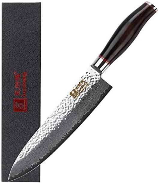 Sunlong Chef'S Knife 8 Inch Gyuto - Japanese Hammered Damascus Steel Blade - Natural Leadwood Handle