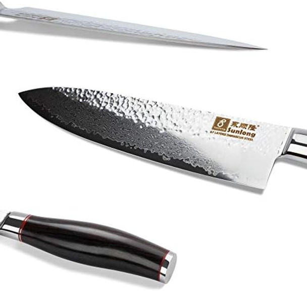Sunlong Chef'S Knife 8 Inch Gyuto - Japanese Hammered Damascus Steel Blade - Natural Leadwood Handle