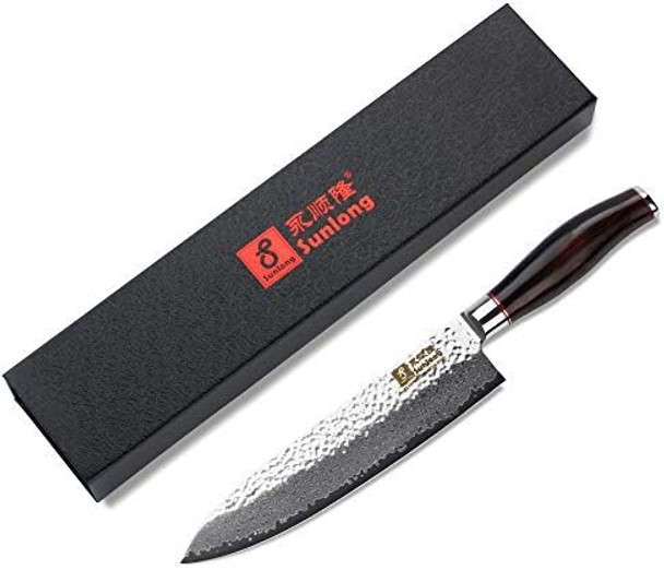 Sunlong Chef'S Knife 8 Inch Gyuto - Japanese Hammered Damascus Steel Blade - Natural Leadwood Handle