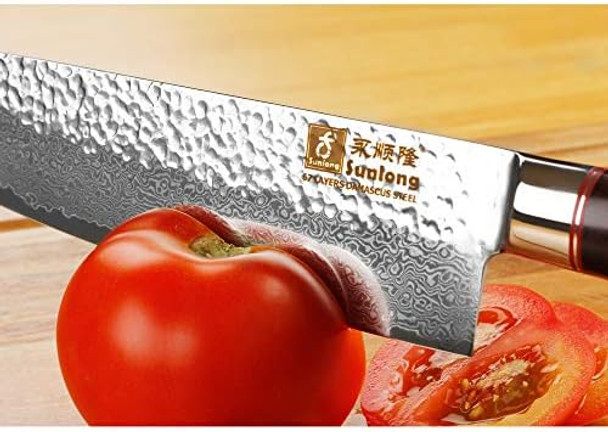 Sunlong Chef'S Knife 8 Inch Gyuto - Japanese Hammered Damascus Steel Blade - Natural Leadwood Handle