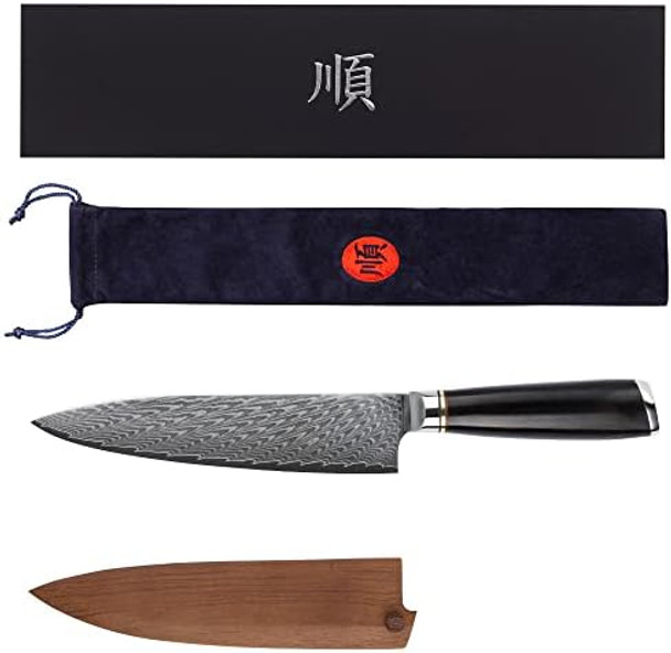Sunlong Chef'S Knife 8 Inch Gyuto Japanese Damascus Natural Leadwood Handle With Walnut Wood Sheath Flannel Knife Bag