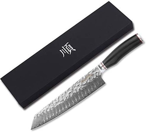 Yousunlong Tanto Chef Knife 10 Inch Japanese Damascus Steel - Natural Leadwood Handle With Leather Sheath
