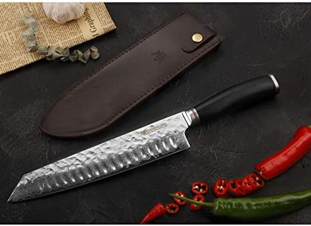 Yousunlong Tanto Chef Knife 10 Inch Japanese Damascus Steel - Natural Leadwood Handle With Leather Sheath