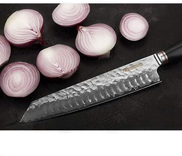 Yousunlong Tanto Chef Knife 10 Inch Japanese Damascus Steel - Natural Leadwood Handle With Leather Sheath