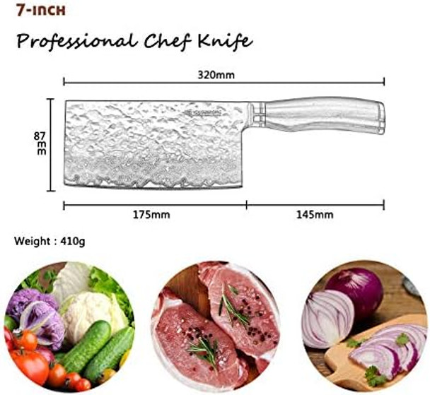 Yousunlong Meat Cleaver 7 Inch Vegetable Cleaver Kitchen Knives Japanese Hammered Damascus Natural Leadwood Handle
