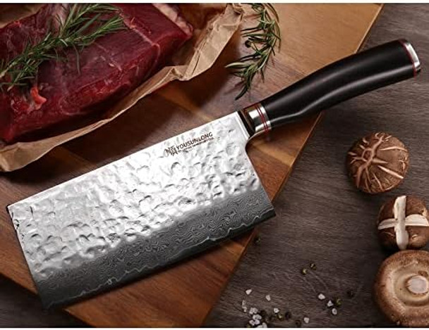Yousunlong Meat Cleaver 7 Inch Vegetable Cleaver Kitchen Knives Japanese Hammered Damascus Natural Leadwood Handle