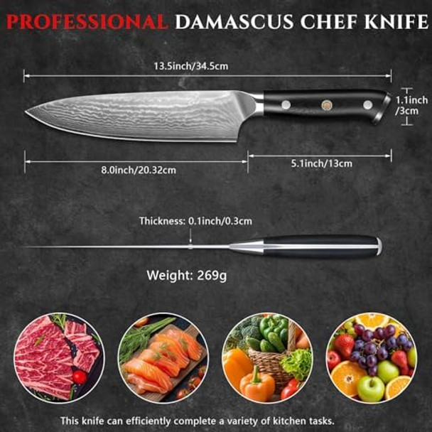 Damascus Chef Knife Professional Japanese Chef Knife 8 Inch Kitchen Knife With Vg-10 Steel Core And Full Tang G10 Handle Box