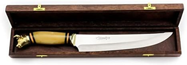 Golden Bull 9" Bbq Knife - Meat Slicing Knife With Bull Head Pommel Ostrich Bone Handle Wood Case - Swedish 14C28N Stainless Steel Blade - For Cutting Beef Red Meat Vegetables Fruits